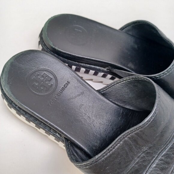 Tory Burch Slides Black Leather Open Toe Sandals Womens 5.5 - Picture 6 of 16